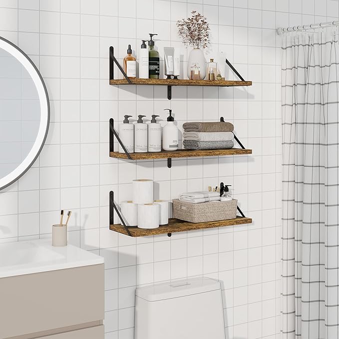 Floating Shelves, Wall Book Shelf with Brackets, 24 inch Wall Shelves Set of 3, Particle Board Wooden Shelf for Kitchen, Bath