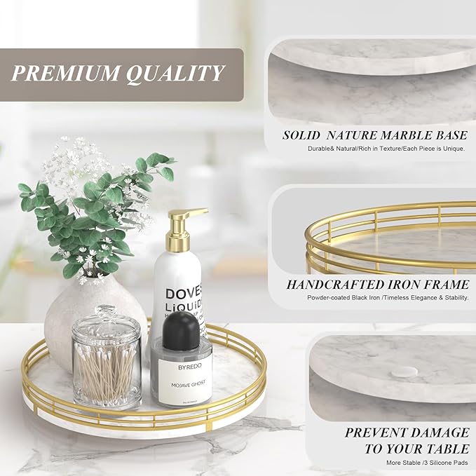 White Marble Lazy Susan Turntable for Table Top – 10” Round Marble Tray Organizer for Bathrroom, Vanity, Dining Table, Kitche
