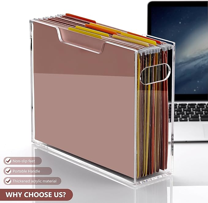 DINGHUO Acrylic File Organizer Box Letter Size Hanging File Organizer, Clear Portable File Folder Box with Handle, Filing Cra