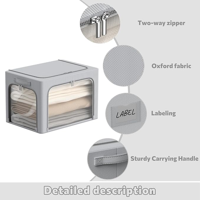 3Pack Clothes Storage Bins - Oxford Frame Storage Box Foldable Stackable Storage Organizer with 3 Openings Design, Metal Fram