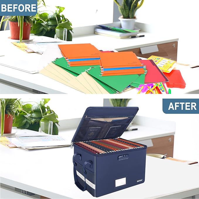 ENGPOW File Box with Lock, Fireproof Document Box with Pockets, Collapsible File Organizer Filing Storage Cabinet with Handle