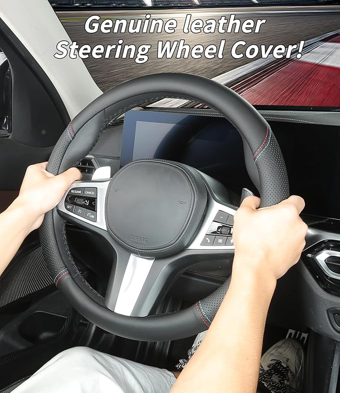 Custom-Fit Ford Steering Wheel Cover, Genuine Leather, Non-Slip, Breathable, Black (Red Blue Line), FFXPT369