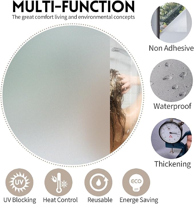 KESPEN Window Privacy Film Frosted Glass Heat Control UV Blocking Privacy Window Film for Glass Windows Static Cling Non-Adhesive Door Coverings Decals for Bathroom Home Office, 41.3 Inch X 13.1 Feet