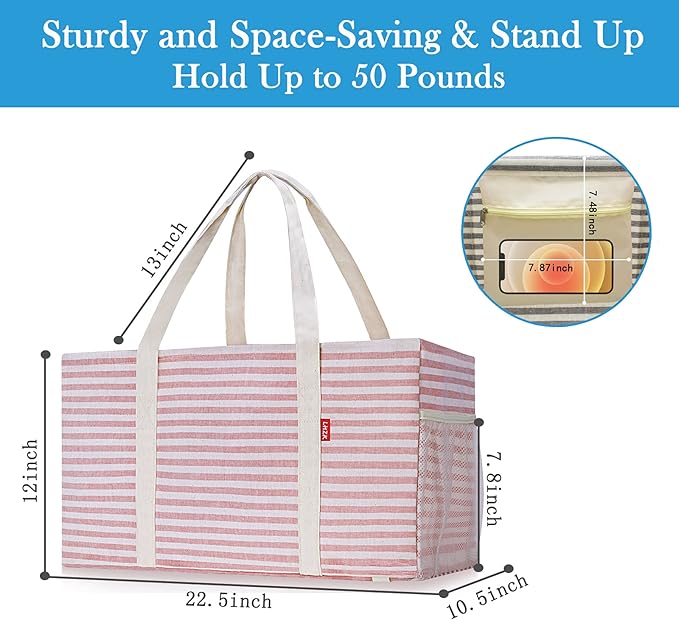 LHZK 2 Pack Extra Large Utility Tote Bag with Metal Wire Frame and the Sides Rinforced, Extra Large Tote Bag with Handle for