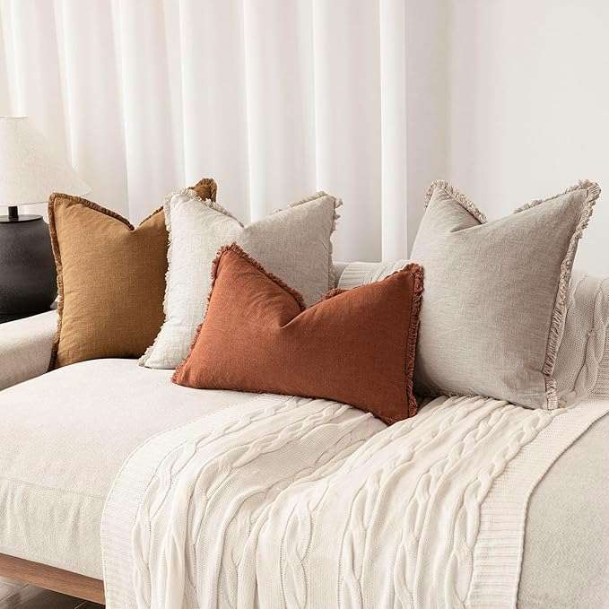 Foindtower Set of 2 Decorative Linen Fringe Throw Pillow Covers Boho Farmhouse Cushion Cover with Tassels Soft Accent Pillowc