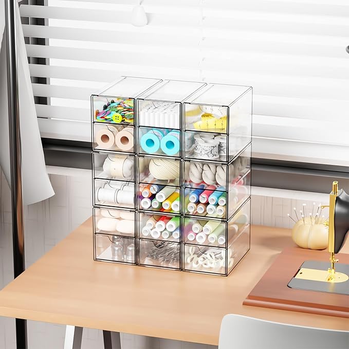 Yieach 9 Pack Small Acrylic Drawers With 18 Drawers,Clear Drawer Organizers Stackable,School,Office Supplies Organizer And St