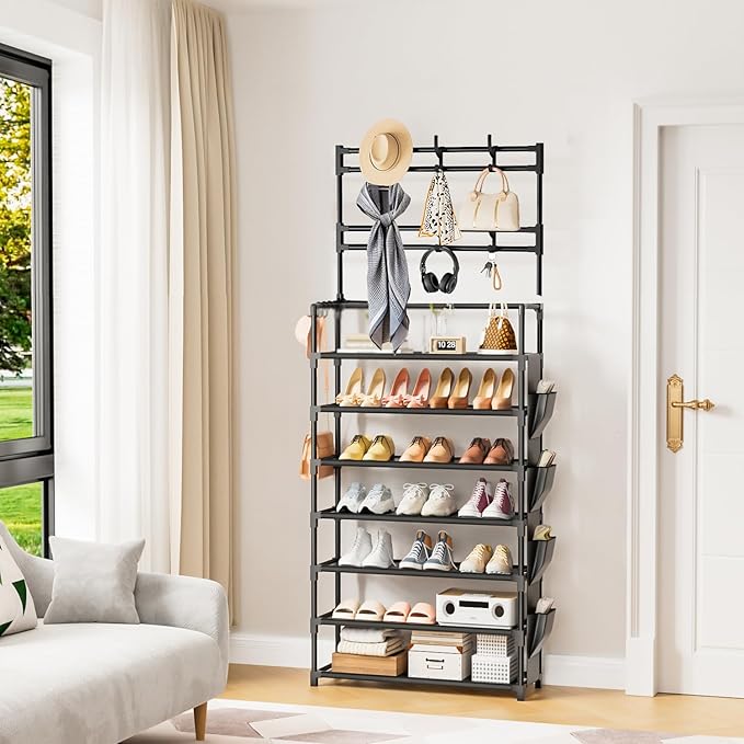 Shoe Rack 7 Tier Shoe Organizer Storage 21-28 Pairs Closet Shoes Rack for Front Door Entrance Shoe Rack Organizer with Hooks 