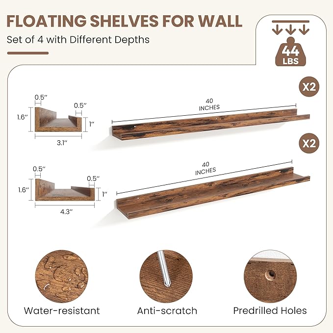 Fun Memories Picture Ledge Shelf, Floating Shelves Set of 4, 40 Inch Picture Shelves for Wall with Ledge, Large Nursery Book 