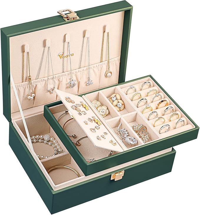 Voova Jewelry Box Organizer for Women Girls, 2 Layer Large Men Jewelry Storage Case, PU Leather Display Jewellery Holder with