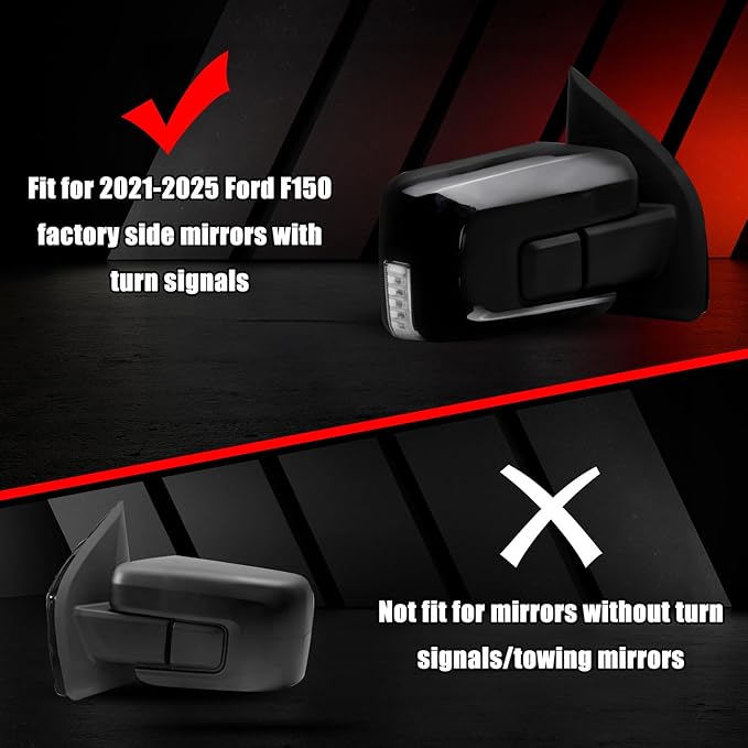 Glossy Black Side Rearview Mirror Covers Caps Decoration Compatible with 2021-2025 Ford F150, With Turn Signal Model (Black-with Cut-Out)