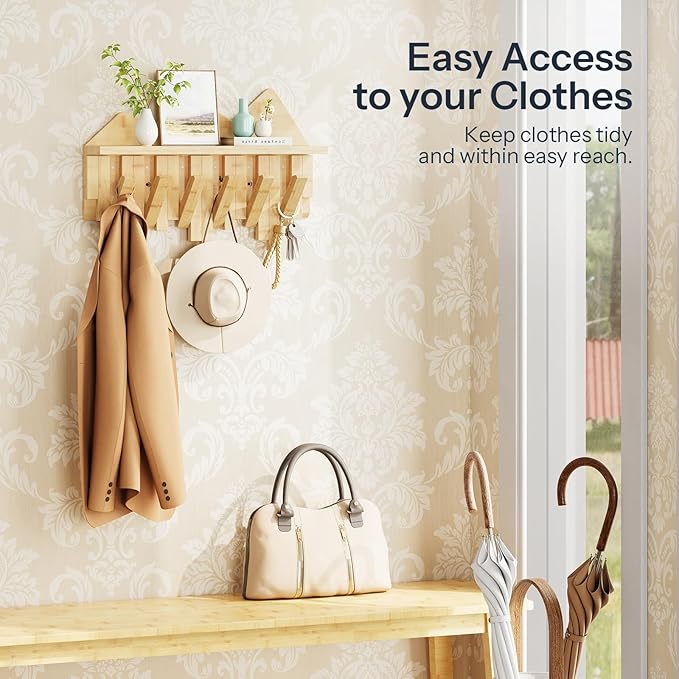 HOOBRO Wall Hooks with Shelf, Coat Rack with Shelf Wall-Mounted, Entryway Wall Key Holder, Hat Rack for Walls, Purse Hanger f
