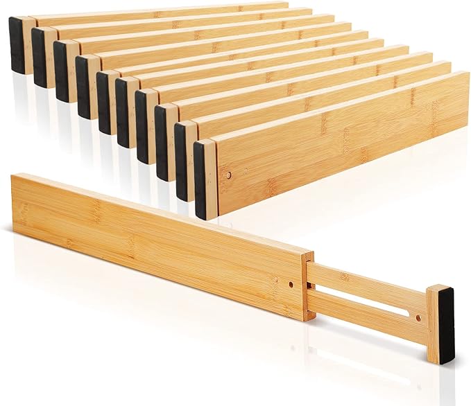 Sawysine 12 Pcs Bamboo Drawer Dividers Adjustable Drawer Organizers Spring Separators Organization Expandable Organizers for 
