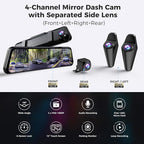 360 Degree View 4 Channel Mirror Dash Cam Detached Camera for Cars，Dash Cam Front and Rear Side(Left,Right),12'' Rear View Mi