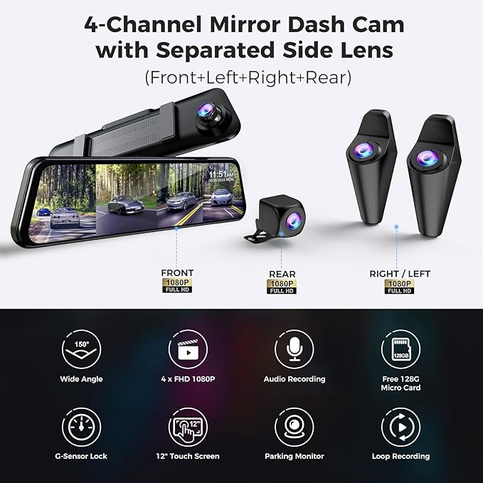 360 Degree View 4 Channel Mirror Dash Cam Detached Camera for Cars，Dash Cam Front and Rear Side(Left,Right),12'' Rear View Mi