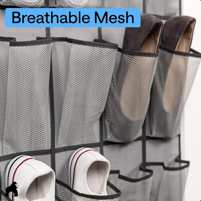 GORILLA GRIP Over the Door Shoe Organizer, 24 Large Breathable Mesh Pockets, Space Saving Hanging Storage Holder, Closet Rack