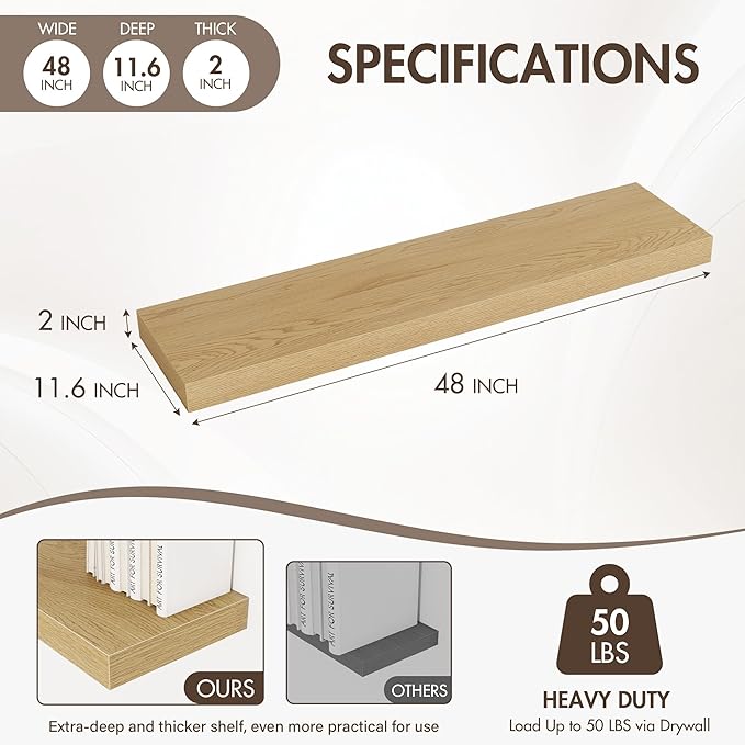 48 Inch Floating Shelves, 12" Deep Floating Shelf Wall Mounted, 48" Wall Shelves, Rustic Deep Bookshelf, Extra Deeper & Thick