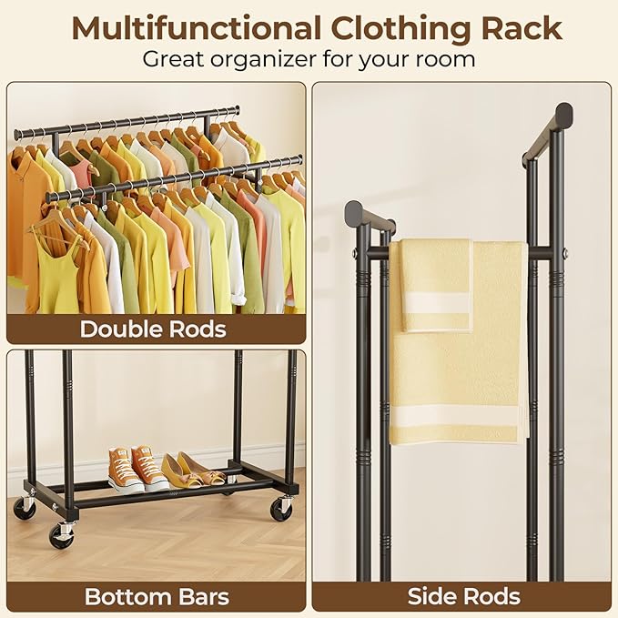 HYSEYY Double Rods Clothes Rack, Rolling Clothing Rack for Hanging Clothes Portable Wardrobe Rack, Metal Garment Rack Sturdy 