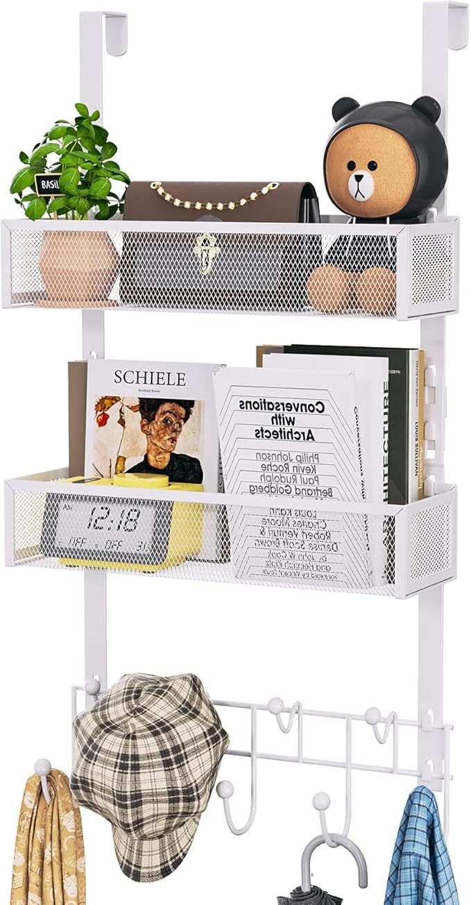 HapiRm Over The Door Organizer with Coat Hooks and 2 Baskets, Stainless Steel Rustproof Over The Door Hanger Hooks for Bathro