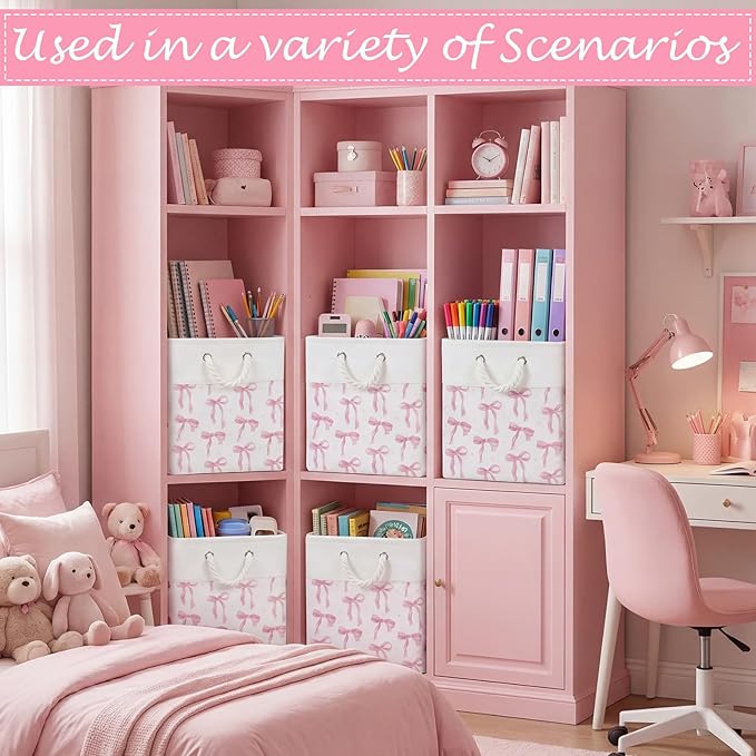 LemonRoad 6 Pcs Pink Bow Cube Storage Bins Square 11.22 Inch Storage Basket with Handle Preppy Girl Organizer Basket Collapsi