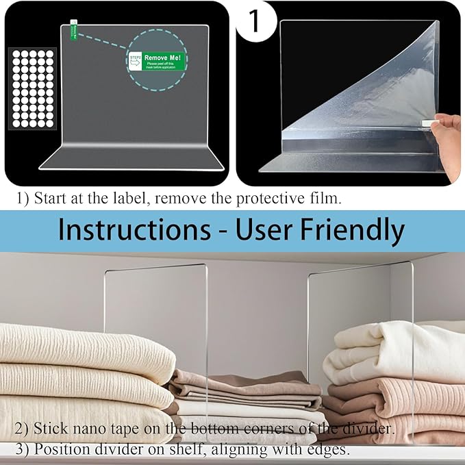 Shelf Dividers for Closet Organization - Acrylic Closet Dividers for Shelves - Clear Free-Standing Shelf Separators for Cloth
