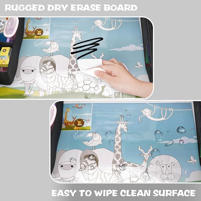 MENZOKE Kids Travel Tray, Road Trip Activities for Kids with Dry Erase Board & Cooler Cup Holder, Toddler Car Activities with