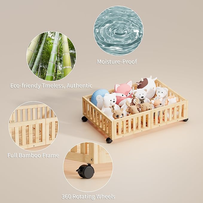 Bamboo Under Bed Storage with Wheels,Rolling Underbed Shoe Organizer Box for Shoes,Blankets,Toys,Clothes Container Space-Savi