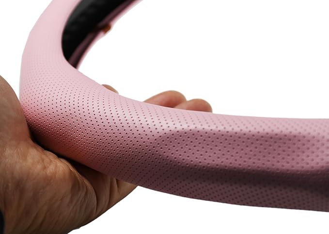 Quick Install Sporty Perforated Pink Nappa Leather Steering Wheel Cover with Black Stripe Universal fit 14½" to 15" Car SUV Pickup Pink for Wife