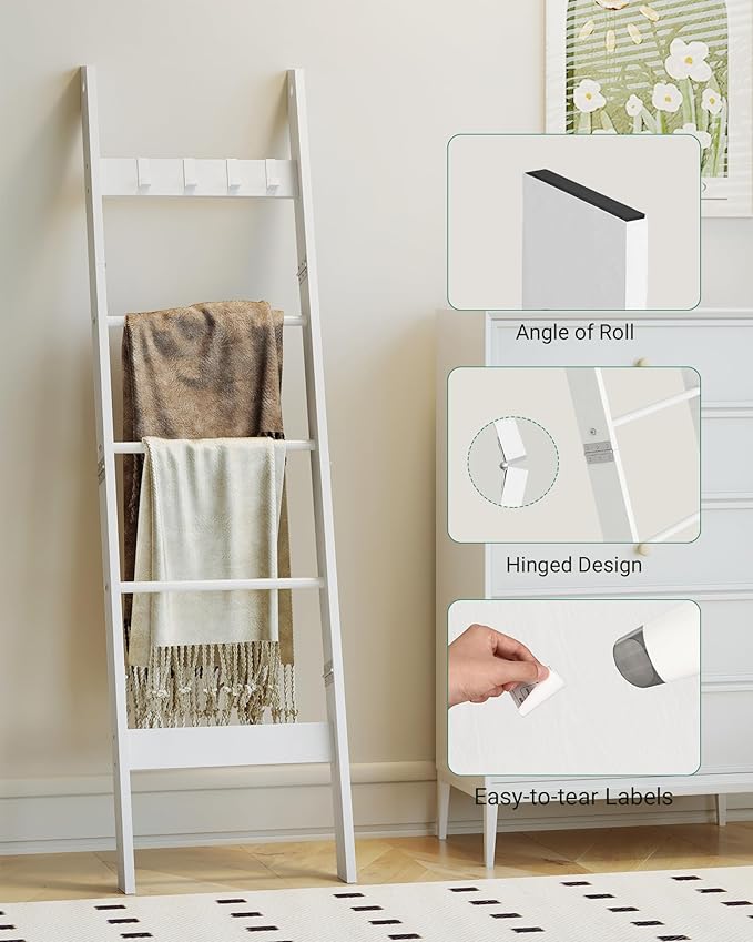 Hzuaneri Blanket Ladder for Living Room, Decorative Quilt Rack with 4 Removable Hooks, 5-Tier Farmhouse Ladder Holder Shelf O