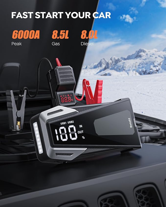 Portable Car Battery Jump Starter 6000A 21800mAh, Car Battery Jumper Starter Portable Jumper Cables for car(8.5L Gas/8.0L