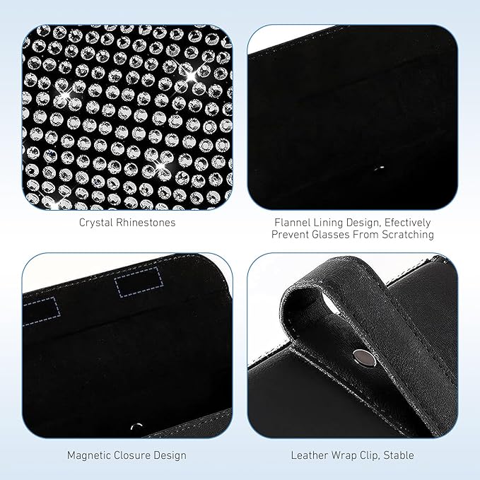 WZP Bling Sunglasses Holder for Car Sun Visor, Rhinestone Leather Eyeglasses Car Visor Clip Storage Glasses Organizer Case, Universal Vehicle Glasses Protective Storage Box for SUV Sedan Van (White)