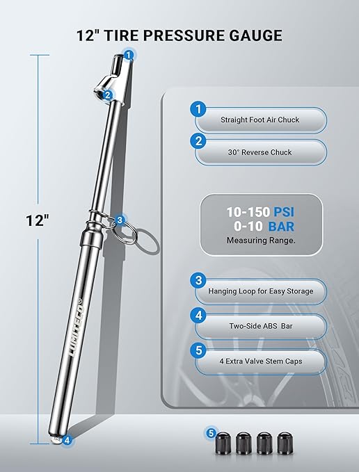 Dual Head Tire Pressure Gauge, Heavy Duty Extension Air Tire Gauge for Tire Pressure Range 10-150PSI 1-10BAR, Straight Foot Dual Head Chuck Auto Service Gage for Car,Semi Truck,RV,Motorcycle