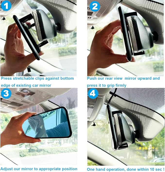Universal Clip On Rearview Mirror - 11.4 Inch, Wide Angle Anti Glare, Blue Tint - Bonus 2 PCS Blind Spot Mirrors