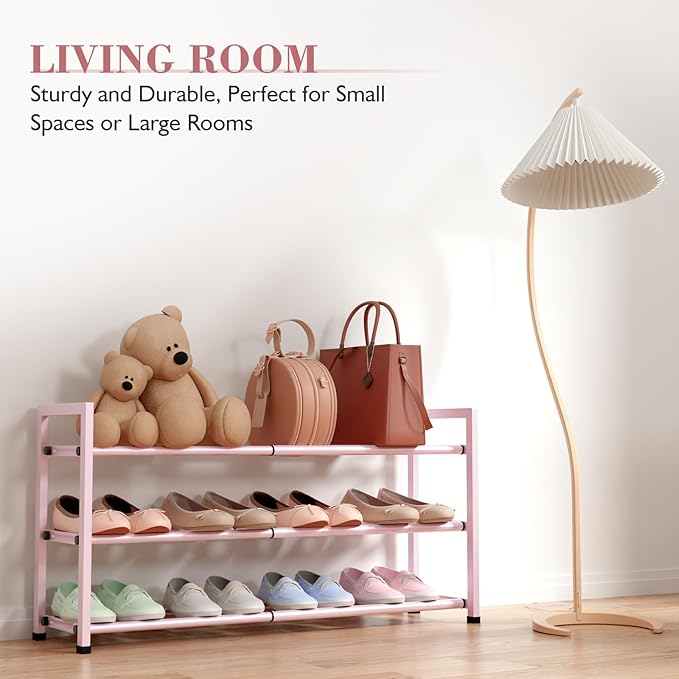 Bumusty 3-Tier Expandable Shoe Rack for Closet, 18“-33” Adjustable Shoe Rack for Small Space, Small Shoe Organizer for Front 