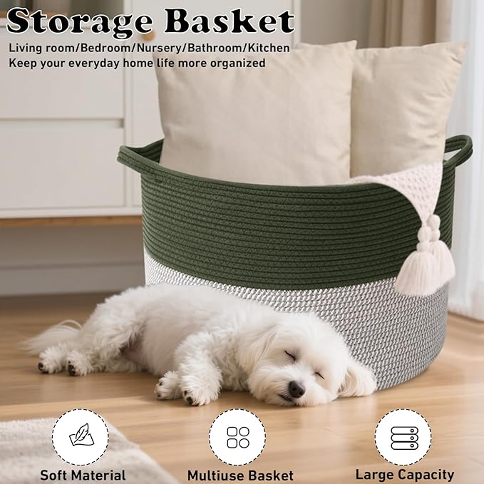 65L Extra Large Woven Cotton Rope Blanket Basket with Handles, Laundry Hamper Storage Bin for Pillows, Comforters,Clothes, To