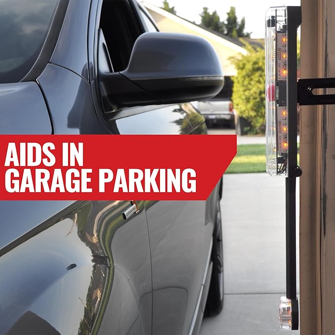 STKR Garage Side Parking Sensor – Ultrasonic Garage Door Track Mount System – LED Light & Siren Mirror Safety Indicator – Adj