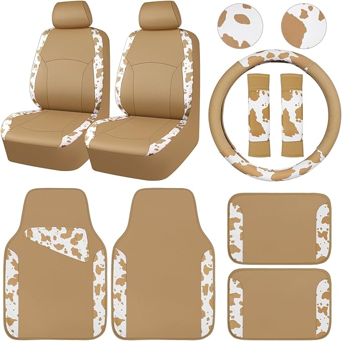 CAR PASS Cow Print Faux Leather Car Seat Covers & Cow Car Mats & Cow Steering Wheel Cover Seat Belt Pads Universal fit for SU