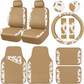 CAR PASS Cow Print Faux Leather Car Seat Covers & Cow Car Mats & Cow Steering Wheel Cover Seat Belt Pads Universal fit for SU