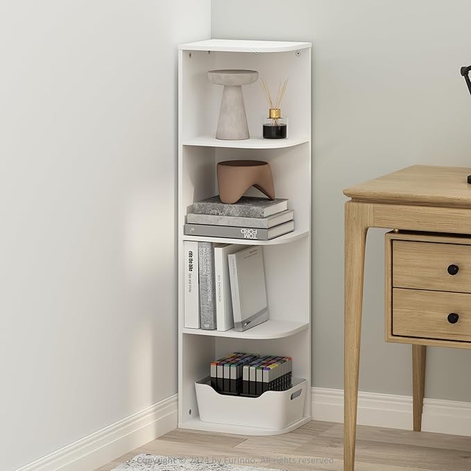 Furinno Reed Corner Shelf, 4-Tier Corner Bookshelf, Book Shelf, Corner Shelves, Storage Rack, for Organization and Storage, H