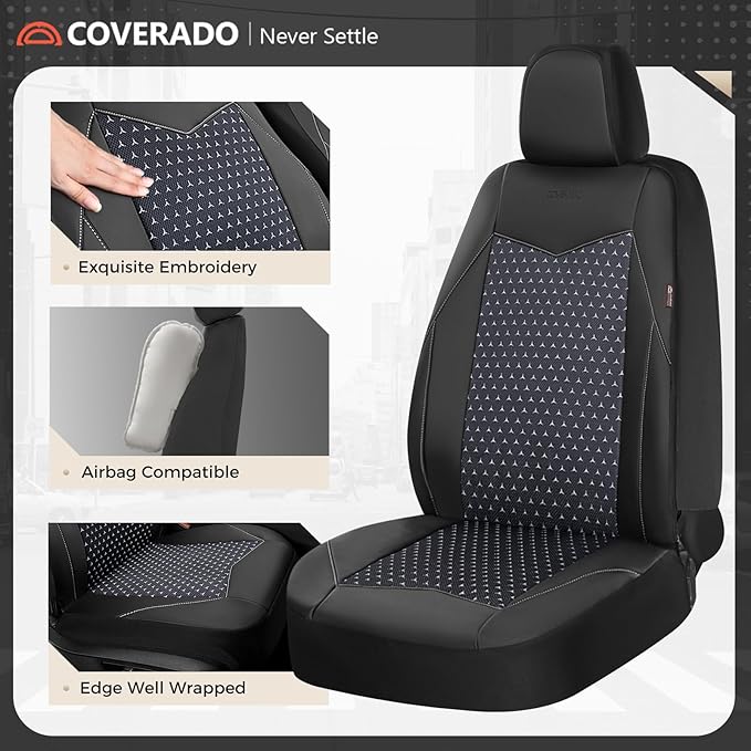 Coverado Front Seat Covers, Breathable Mesh & Leather Car Seat Protectors, Black Driver Seat Cover, Car Seat Cushions, Univer