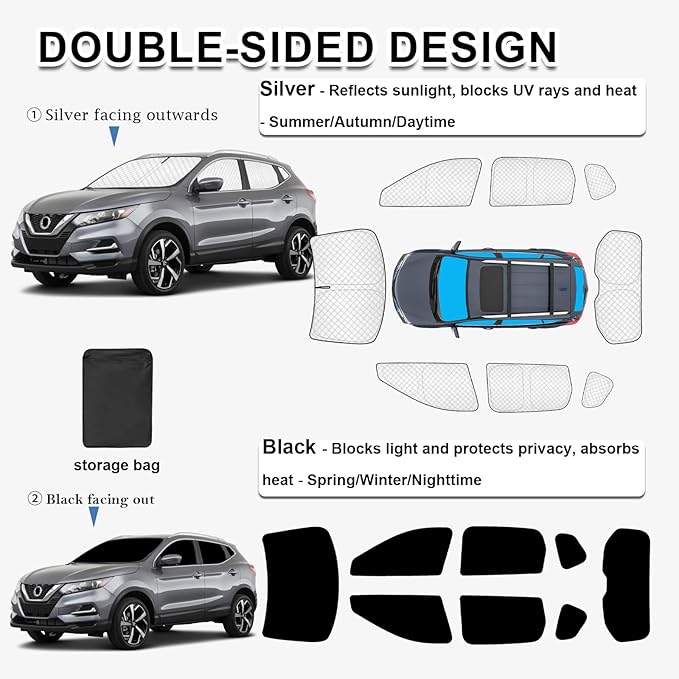 KMF 8pcs Thicken Full Window Sun Shades for Nissan Rogue Sport 2017-2024 Accessories, Custom Fit Windshield Sunshade Car Window Covers for Side Rear, UV Block and Blackout Privacy for Camping Outdoor