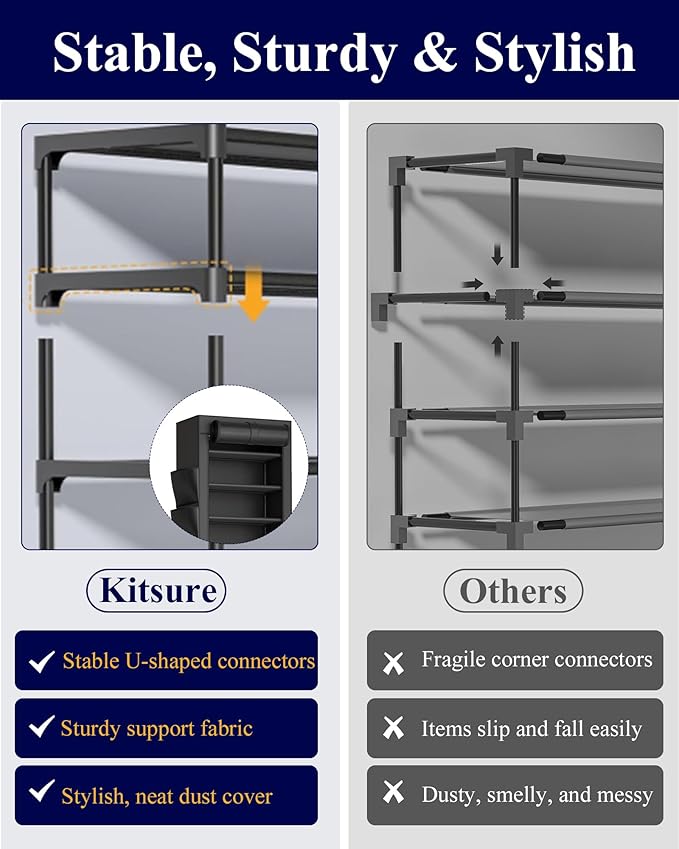 Kitsure Shoe Rack - 10-Tier Large Capacity Shoe Organizer Shelf with Dust Cover & Side Pockets, Rust-Proof Metal Shoe Rack fo