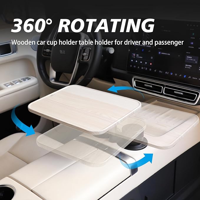 360° Rotating Wood Car Tray & Desk for Laptop - Steering Wheel Cup Holder Table, Car Accessories for Women & Men, Compatible with Tesla Model Y/3/S, Ford F150/Explorer/Maverick & Most Vehicles