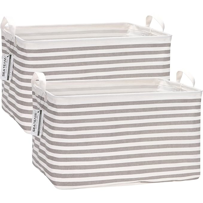 Sea Team 2-Pack Collapsible Canvas Fabric Storage Basket with Handles, Rectangle Waterproof Storage Bin, Box, Cube, Foldable 