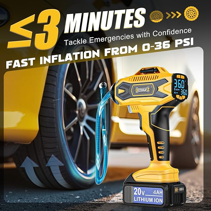 Cordless Tire Inflator Air Compressor: 160PSI Portable Air Pump Compatible with Dewalt 20V Battery, with 4AH Battery & Charger, Digital Pressure Gauge for Cars, Motorcycles, Bikes