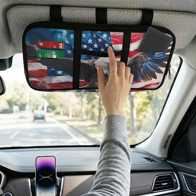 American Flag Car Sun Visor Organizer Multi-Pocket Visor Organizer Storage Pouch 11.81 x 5.9 Inch Car Sun Storage Pocket with Zipper