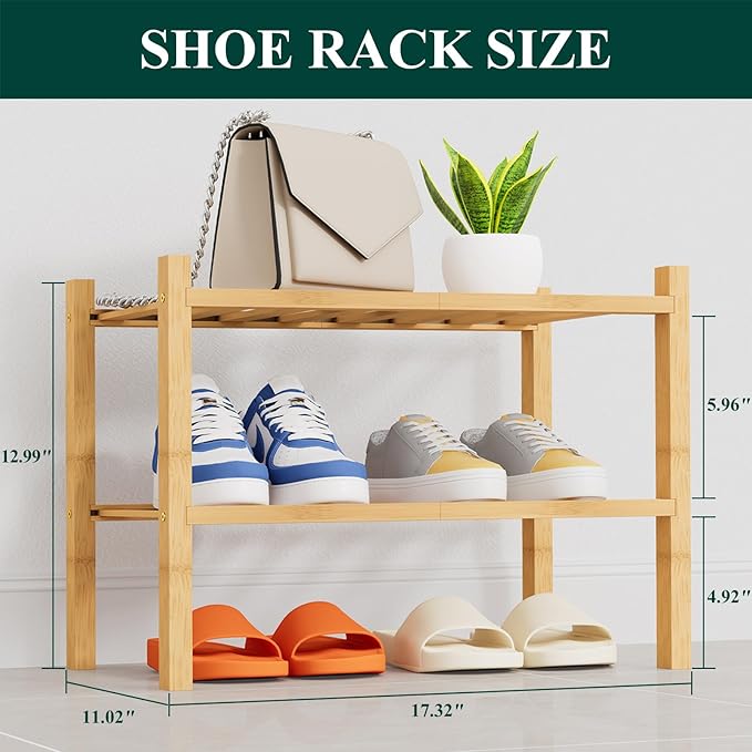Smiry Shoe Rack, 2 Tier Thick Small Bamboo Shoe Organizer, Stackable Free Standing Wooden Shoe Storage Shelf for Closet, Entr