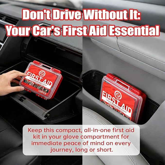 Mini First Aid Kit - 135 Piece HardCase First Aid Box for Home, Car, Travel, Camping, Hiking, Truck, Sports, Office, Vehicle 