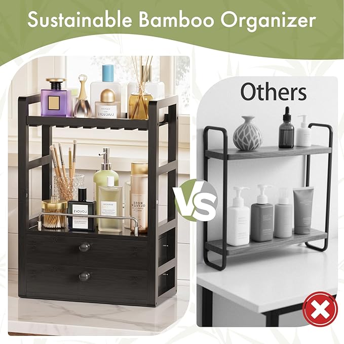 AmazerBath Bamboo Bathroom Countertop Organizer, 2-Tier Makeup Organizer with 2 Drawers, Vanity Organizer Storage Coffee Matc