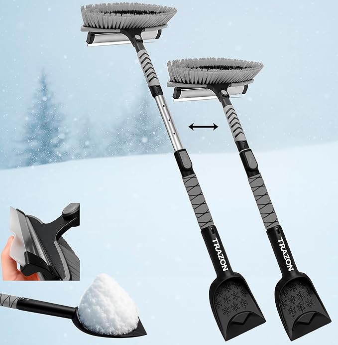 Trazon 42.4" Extendable Snow Brush & Mini Snow Shovel/Ice Scraper for Car Windshield with Foam Grip for Cars, SUV, Trucks, Detachable Сar Scraper, No Scratch, Heavy Duty Long Handle, Ice Remover