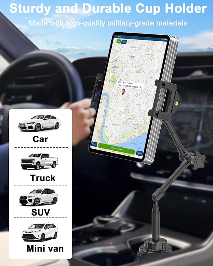 woleyi Tablet Holder for Car Cup Holder, [Full Motion Swivel 19.7" Height] Metal Tablet Car Mount for Truck, for iPad Pro Air Mini, Galaxy Tab, Z Fold, Fire, iPhone, 6-15.6" Devices, Cars Trucks SUVs
